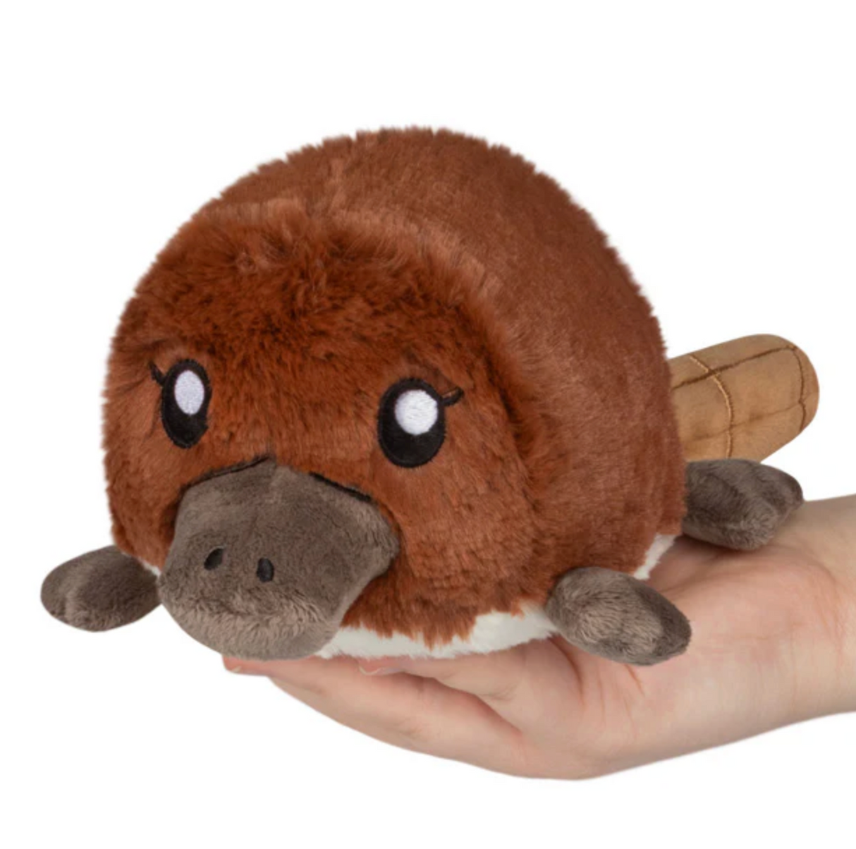 Soft plush toy of a brown platypus with a flat tail held in hand, called Platypus Snackers.