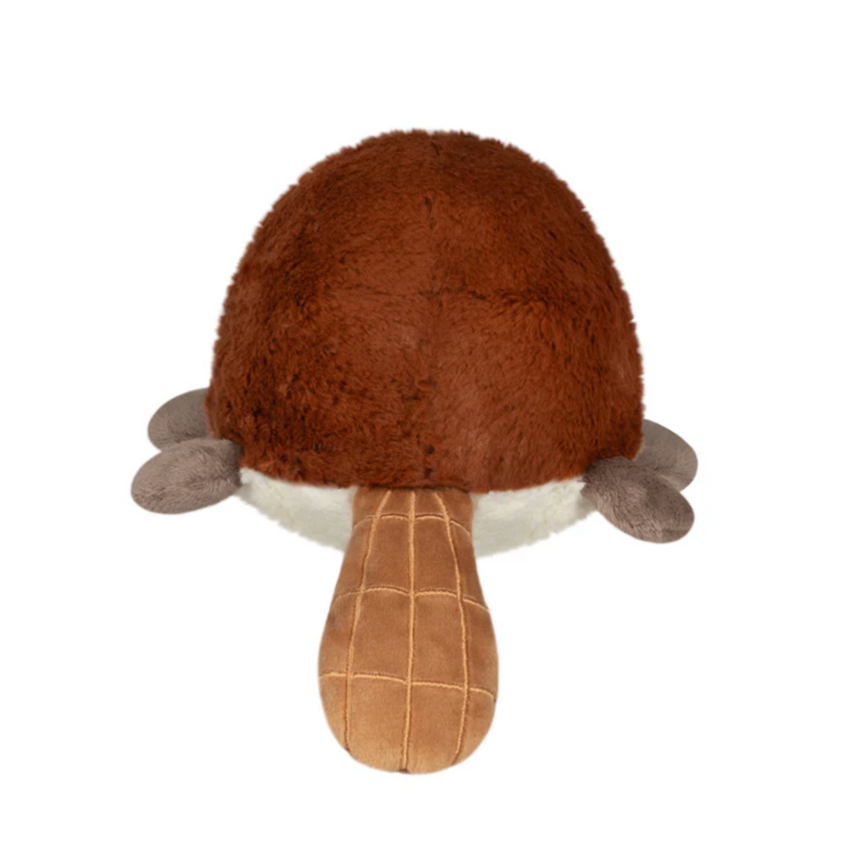 Platypus Snackers plush toy showing a soft brown body, webbed feet, and a textured platypus tail on white background.