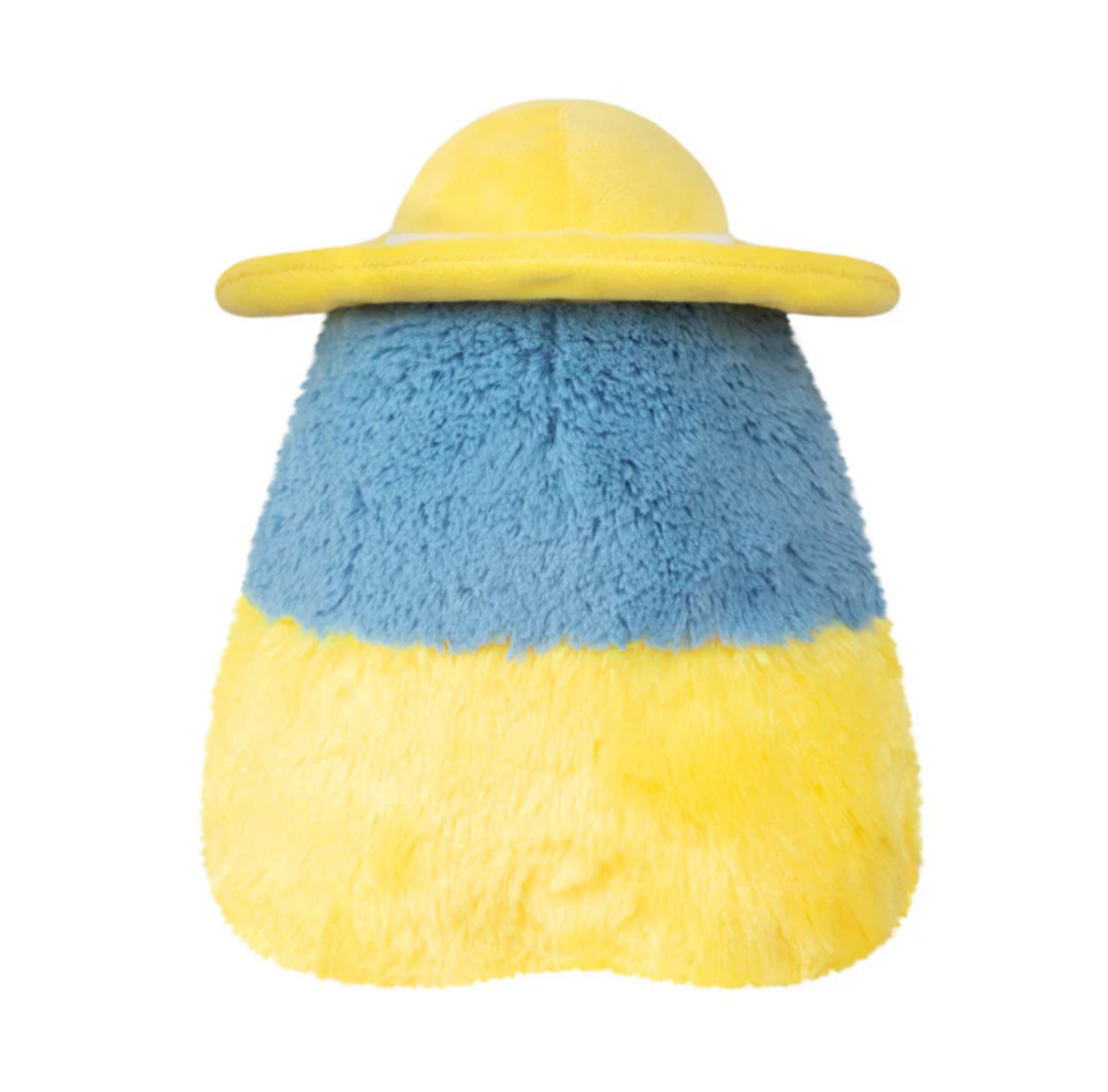 Alter Ego | Plague Doctor Rainy plush toy with blue and yellow fur wearing a yellow rain hat against white background.