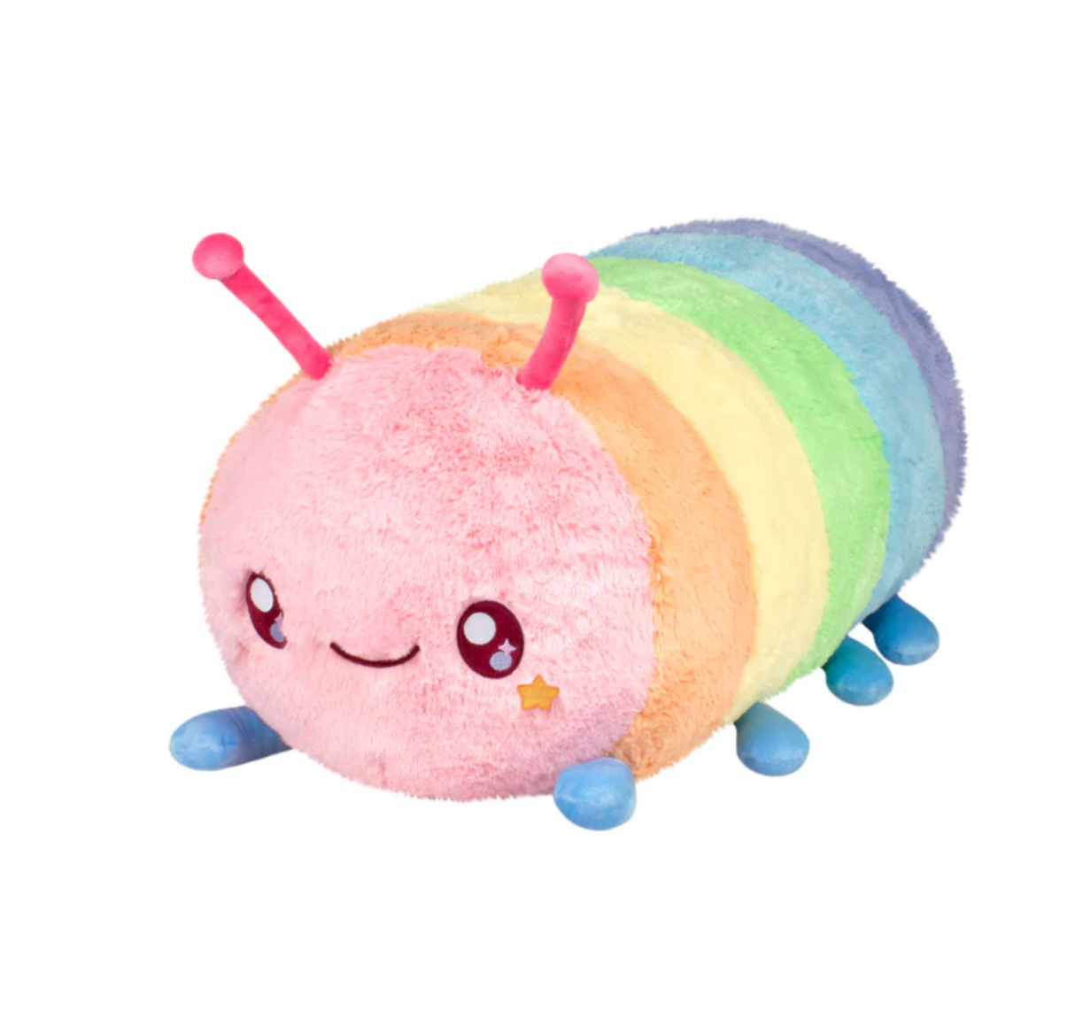 Rainbow Caterpillar Mega plush toy with a smiling face and colorful rainbow stripes, soft polyester fiber for ages 0 and up.