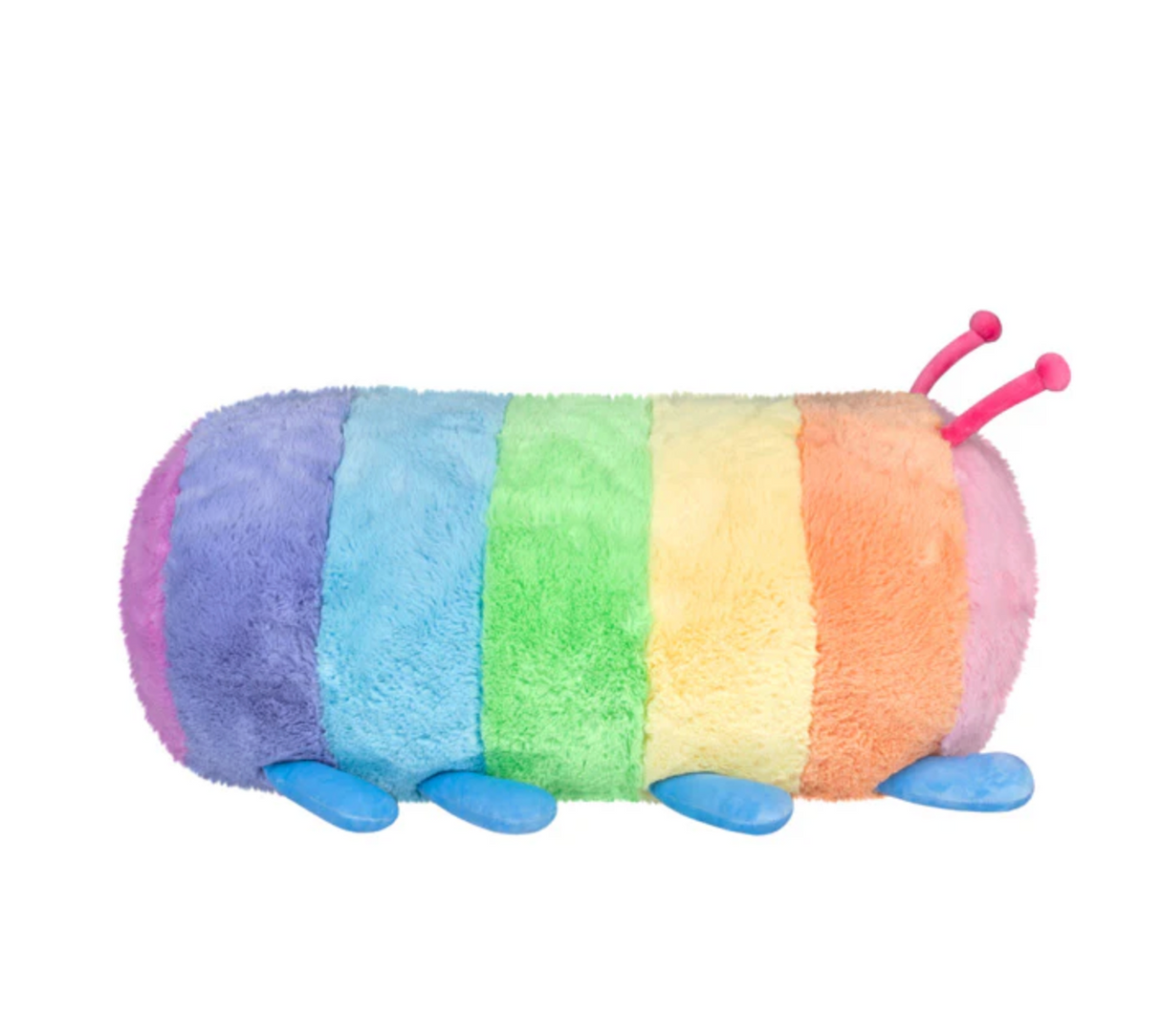 Rainbow Caterpillar Mega plush toy with soft rainbow stripes and blue feet, perfect for all ages and cozy play.