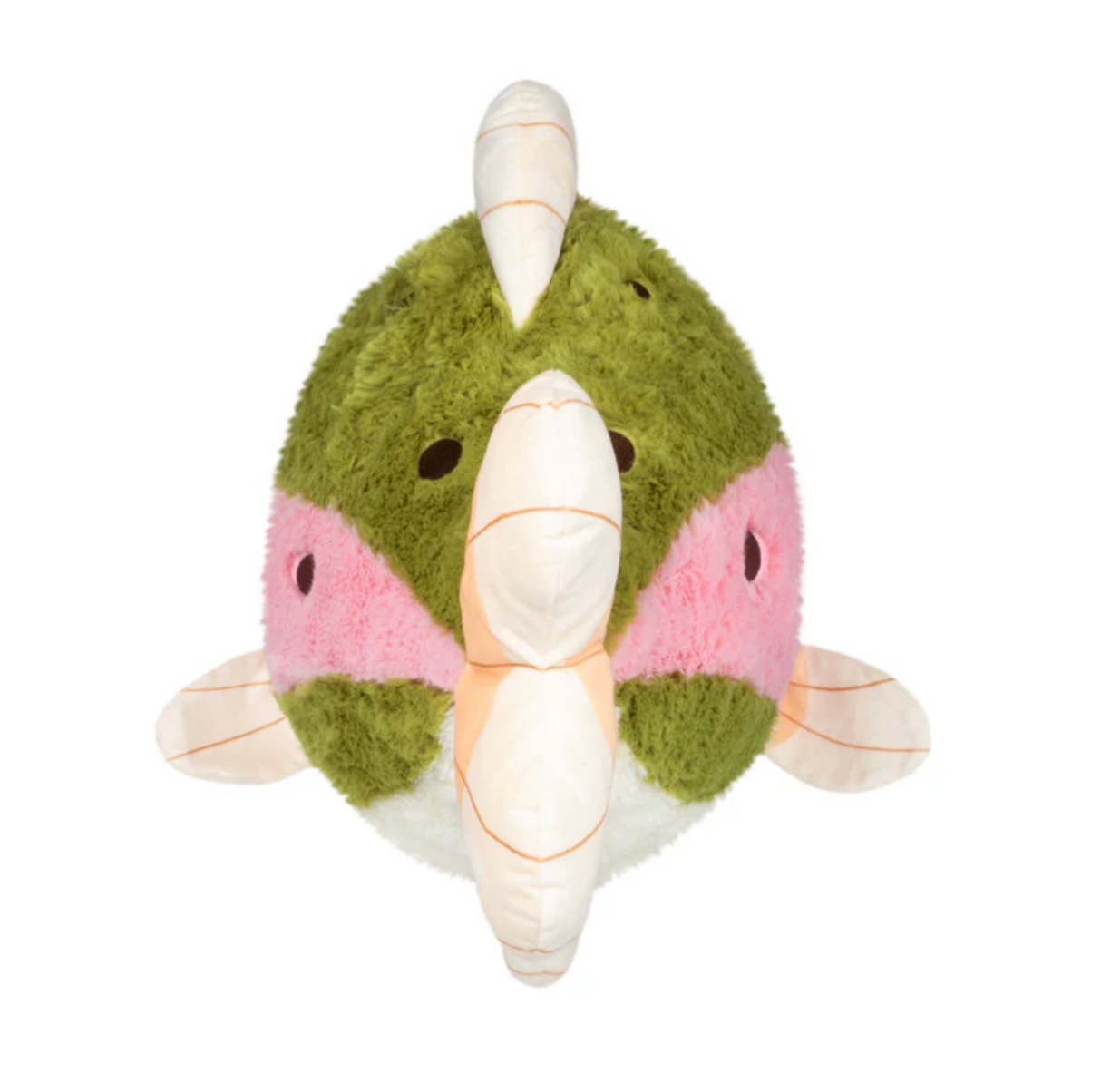 Rainbow Trout plush toy viewed from above with green, pink, and white colors and fins visible.