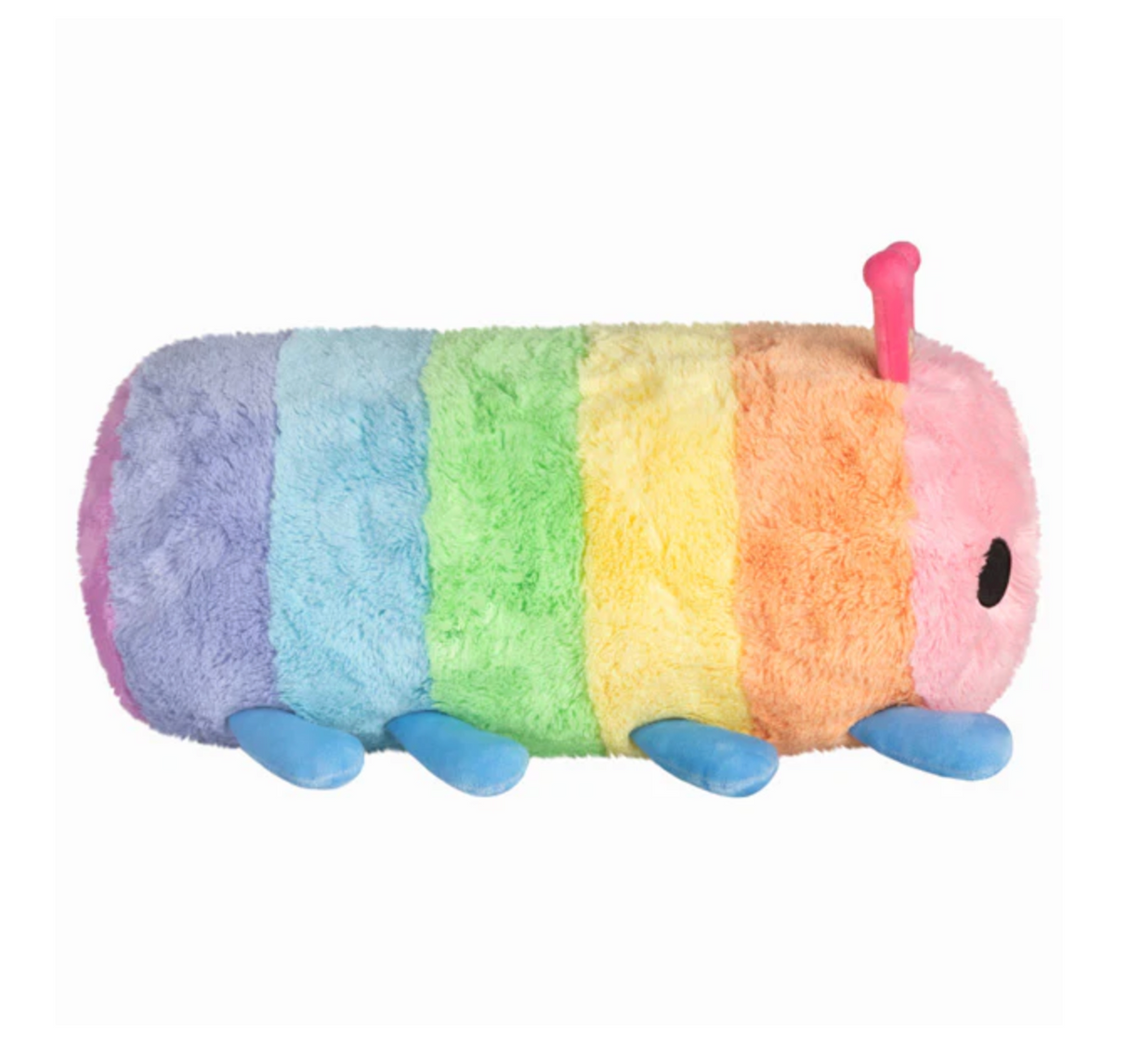 Rainbow Caterpillar plush toy with soft rainbow stripes and blue feet, perfect for all ages and cozy playtime.