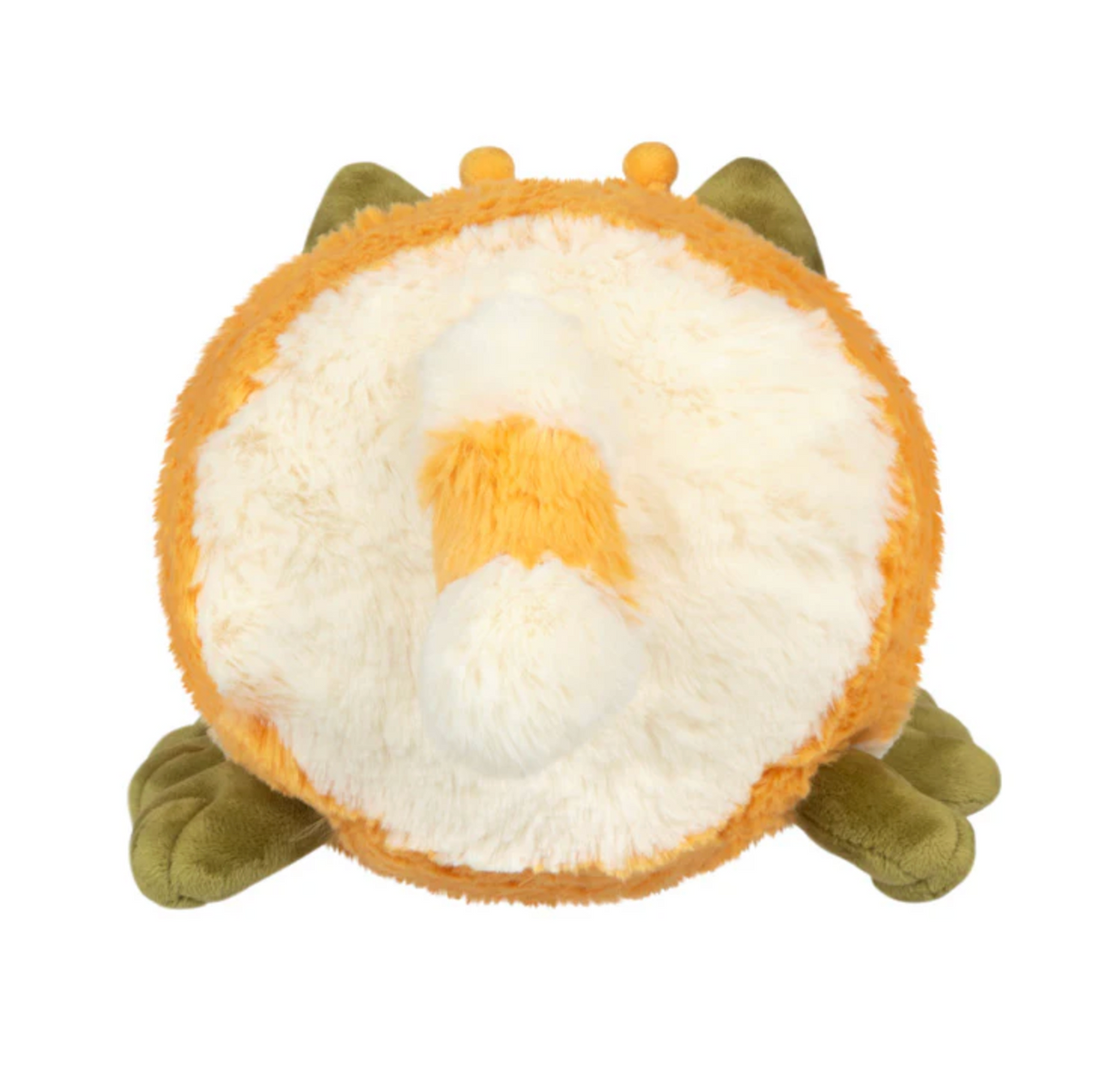 Kittypillar/Caterpillar Mini plush toy showing fuzzy orange and white body with green legs and ears viewed from above.