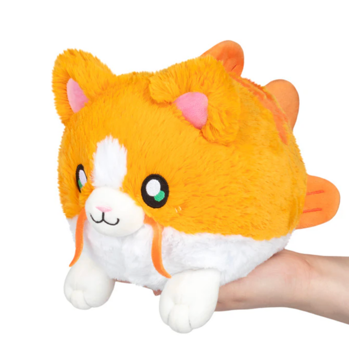 Hand holding a cute orange and white plush toy combining cat and fish features called Catfish Mini.