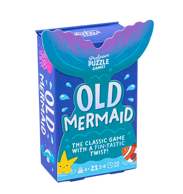 Old Mermaid card game box with colorful sea creatures and playful ocean-themed design for family fun.