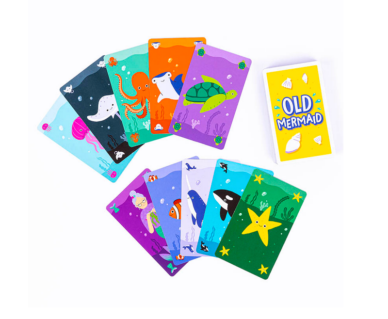 Old Mermaid card game featuring colorful sea creature illustrations for matching pairs and fun family play.