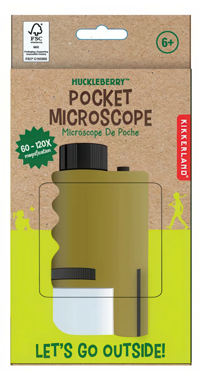 Huckleberry Pocket Microscope packaging showing 60-120X magnification for outdoor exploration ages 6 and up.