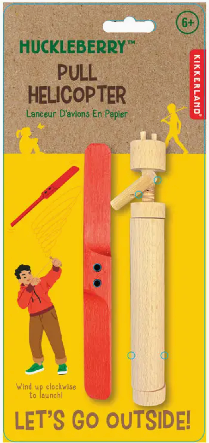 Huckleberry Pull Helicopter wooden toy with red propeller and pull launch mechanism for outdoor play ages 6 and up.