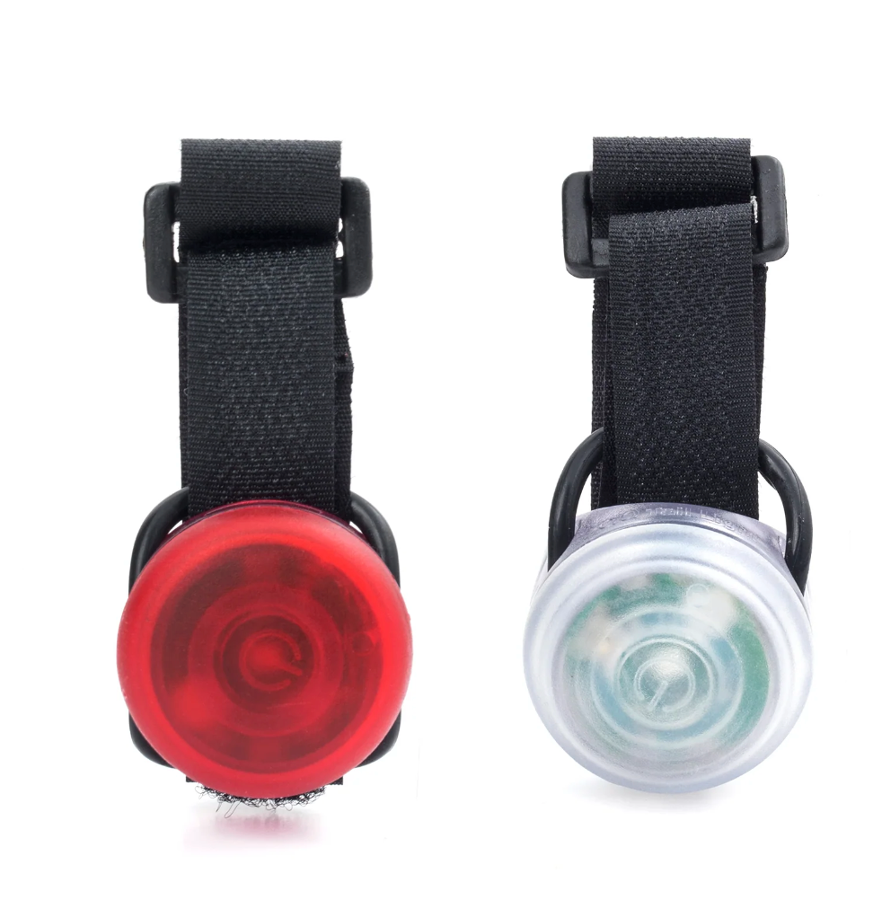 Fiets Bike Lights set with red and white LED lights, adjustable velcro straps for bikes and other uses.