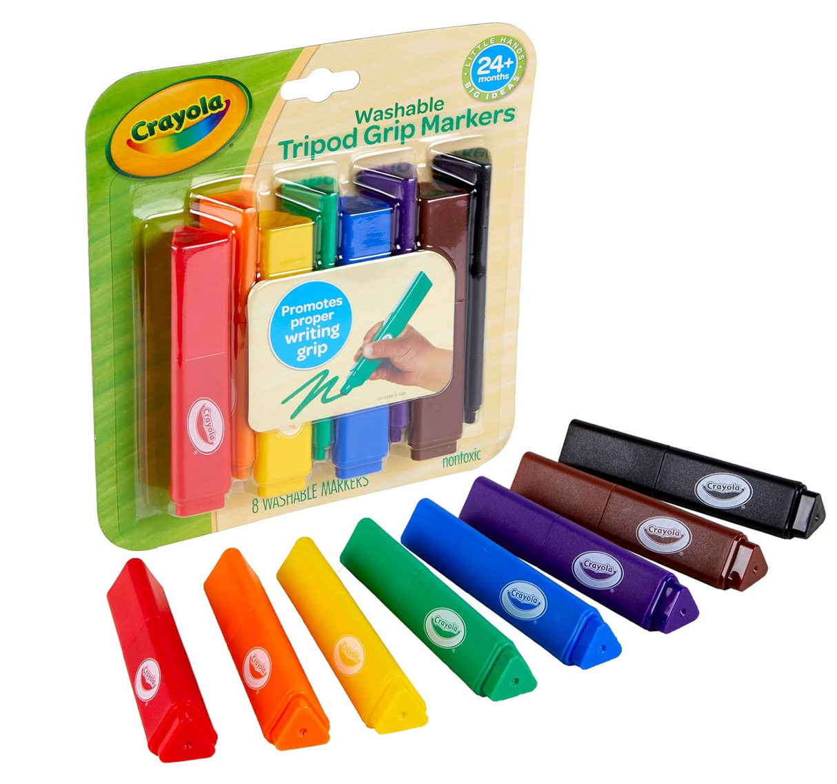 Young Kids Washable Tripod Grip Markers set of 8 vibrant, washable, non-toxic markers with anti-roll design for toddlers.