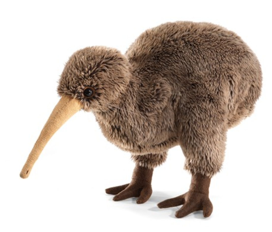 Kiwi Puppet plush bird with soft brown fur, detailed beak, and lifelike design representing New Zealand's iconic kiwi.