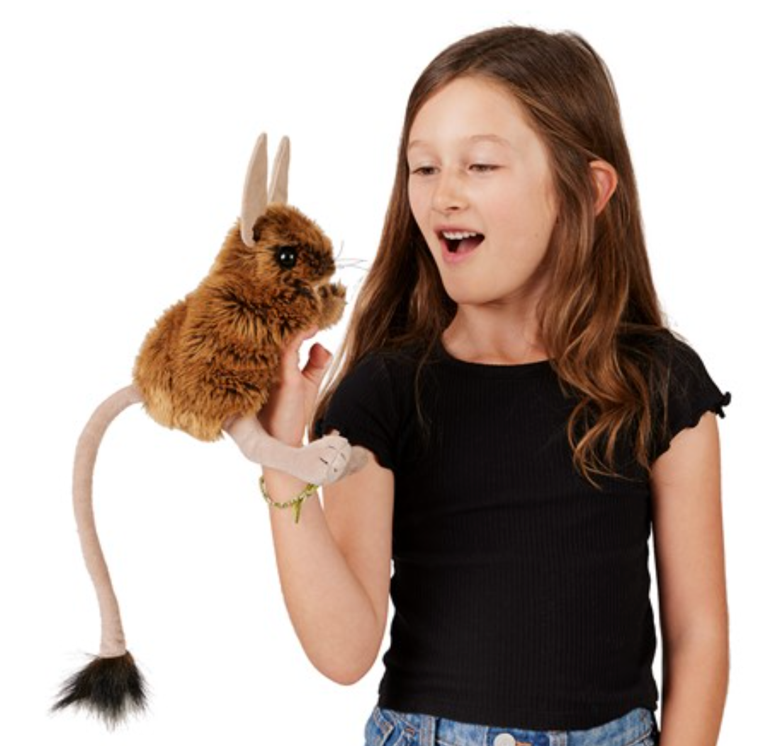 Girl playing with a friendly Jerboa Puppet with oversized ears and long tail, perfect for imaginative stories.