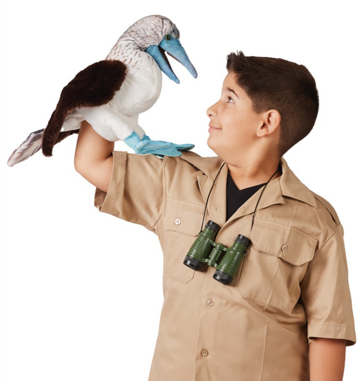 Boy holding and playing with a Blue Footed Booby Puppet with movable beak and foot pockets.