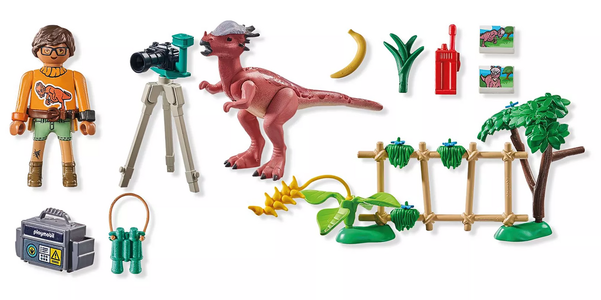 Dinos | Stygimoloch Observation set features a researcher, red Stygimoloch, camera, plants, and fence for dinosaur exploration.