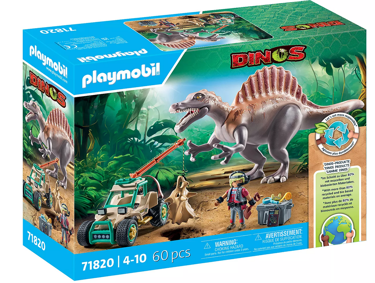 Dinos | Spinosaurus Attack playset with movable jaw, explorer figure, and excavation vehicle for kids 4 to 10 years old.