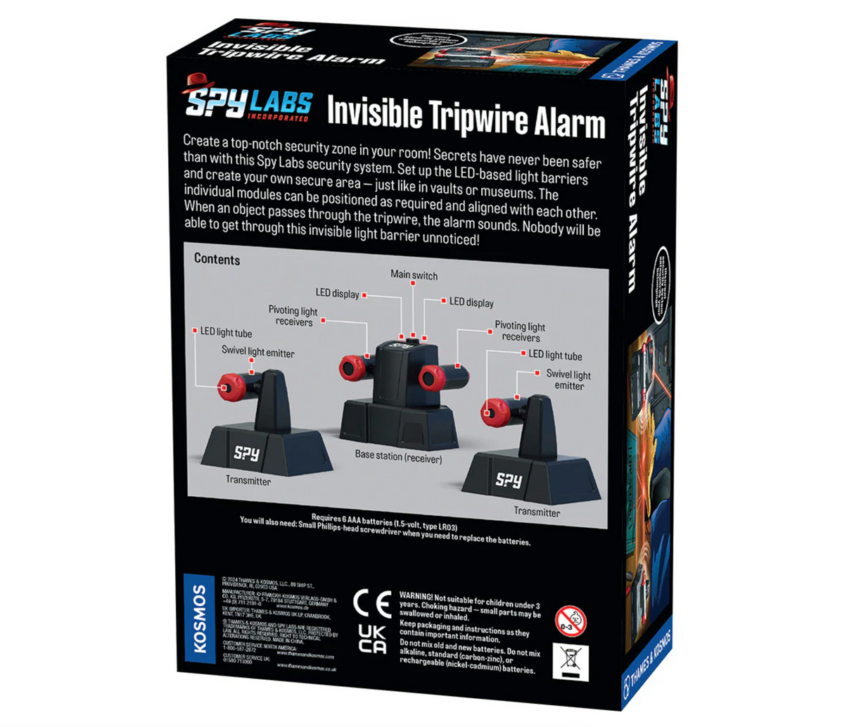 Spy Labs: Invisible Tripwire Alarm packaging showing transmitters, base station, and setup instructions for security zone.