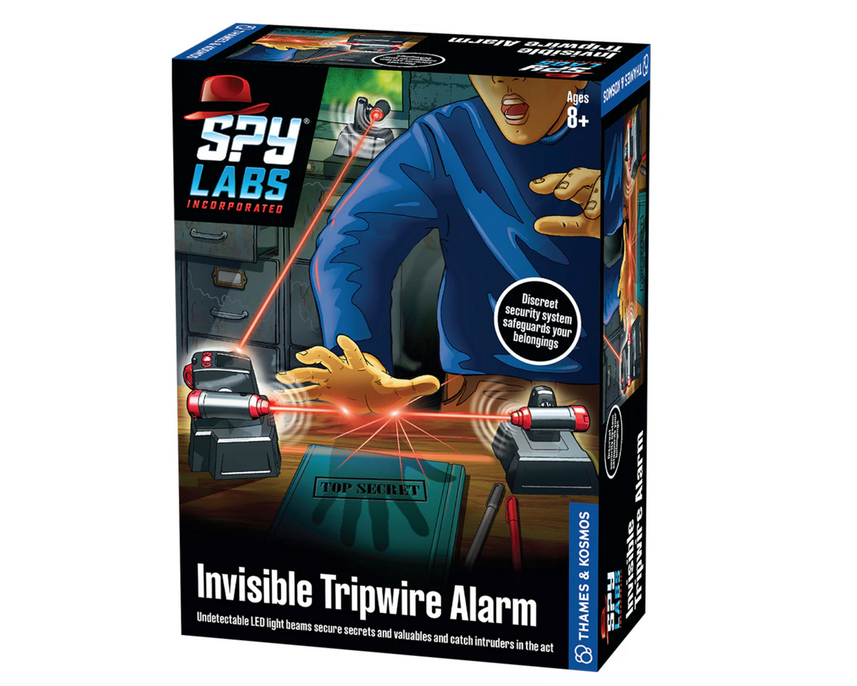 Spy Labs: Invisible Tripwire Alarm shows a secret security kit with LED beam detectors and alarm trap for covert protection.