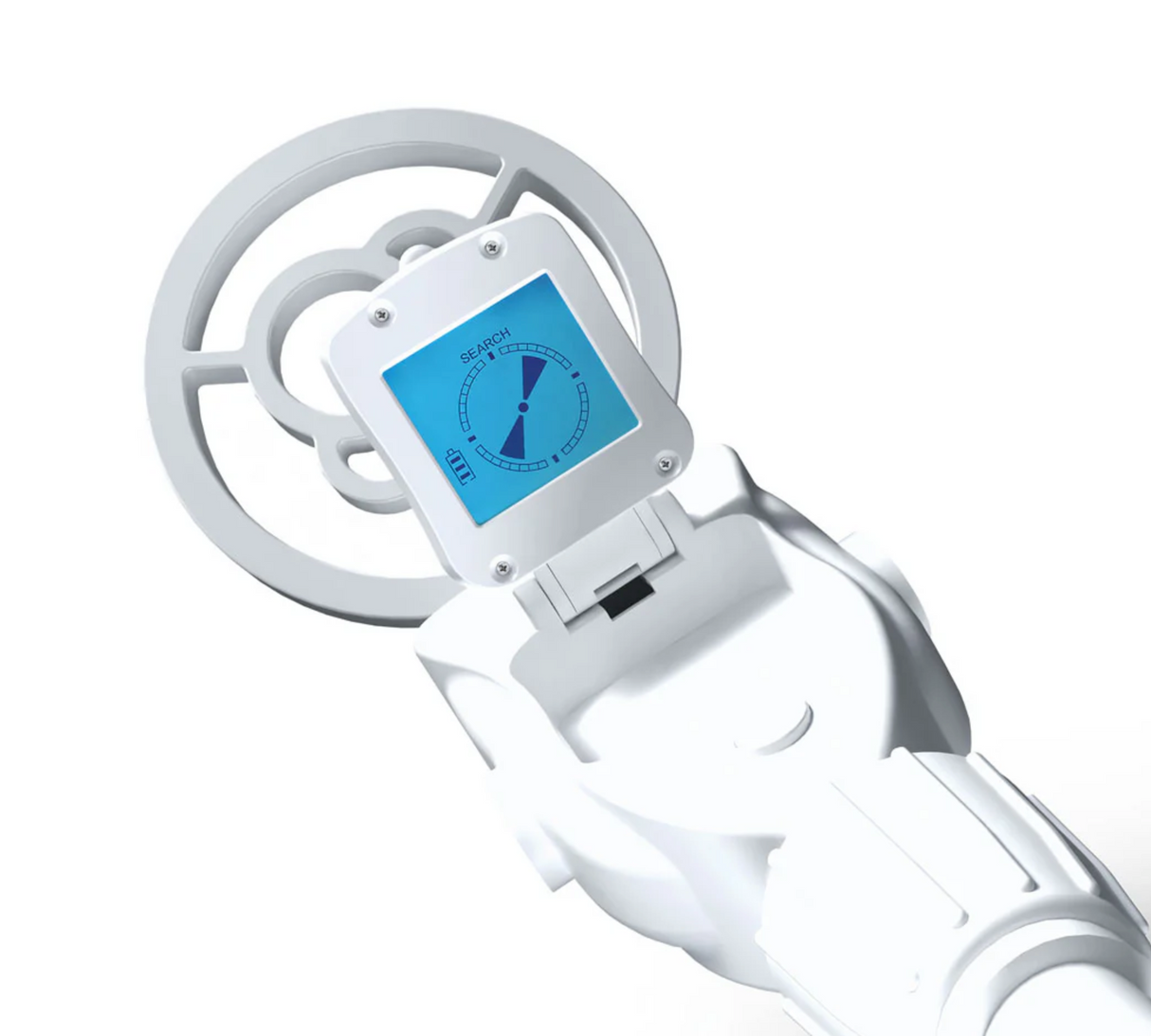 Metal Detector showing a digital LCD display for metal detection with one-button control and search indicator.