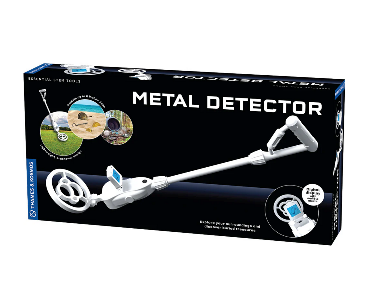 Metal Detector with digital display and adjustable handles for detecting buried metal objects in sand, dirt, or grass.