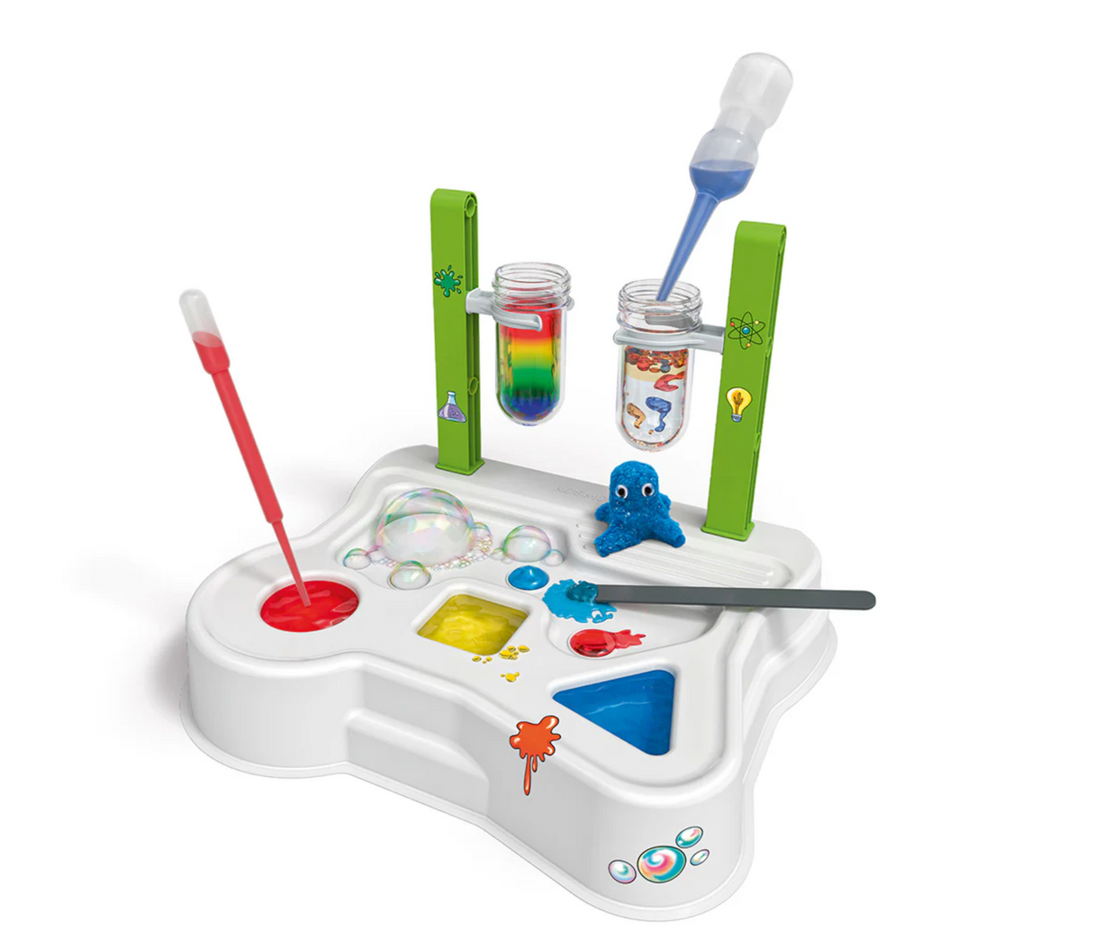 Kids First Science Kit with colorful experiments, pipettes, test tubes, and Blobert figure on a plastic base station.
