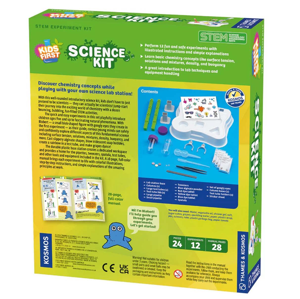 Kids First Science Kit box showing STEM chemistry experiments with tools, manual, and colorful illustrations for kids ages 5 and up