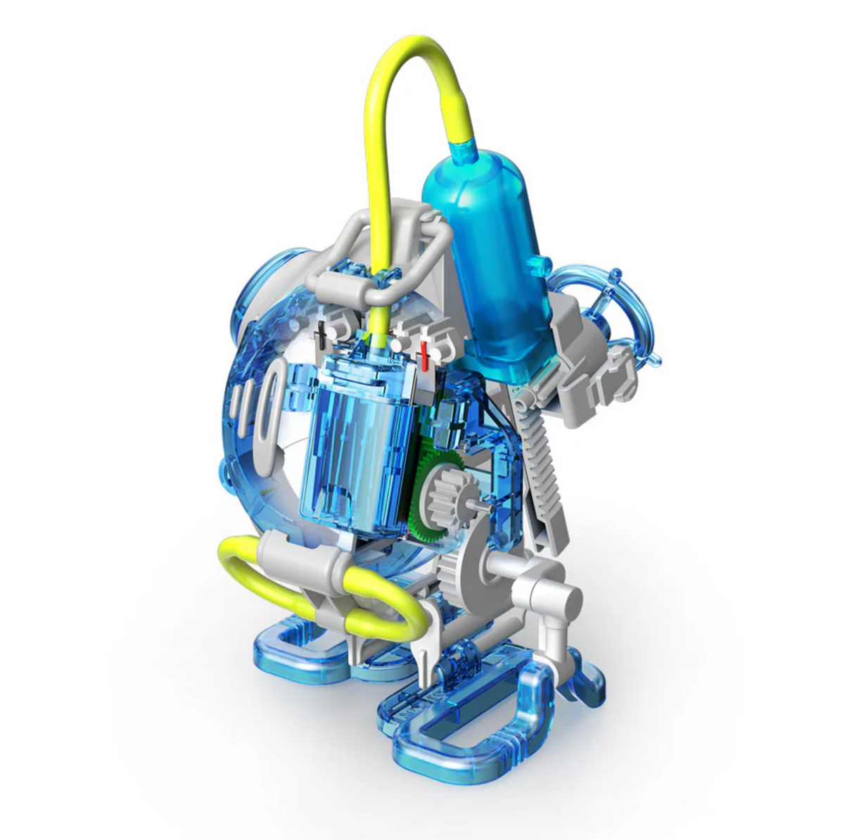 Saltwater Fuel Cell Robot showing transparent blue parts, gears, and yellow tubing in a modern walking robot design.
