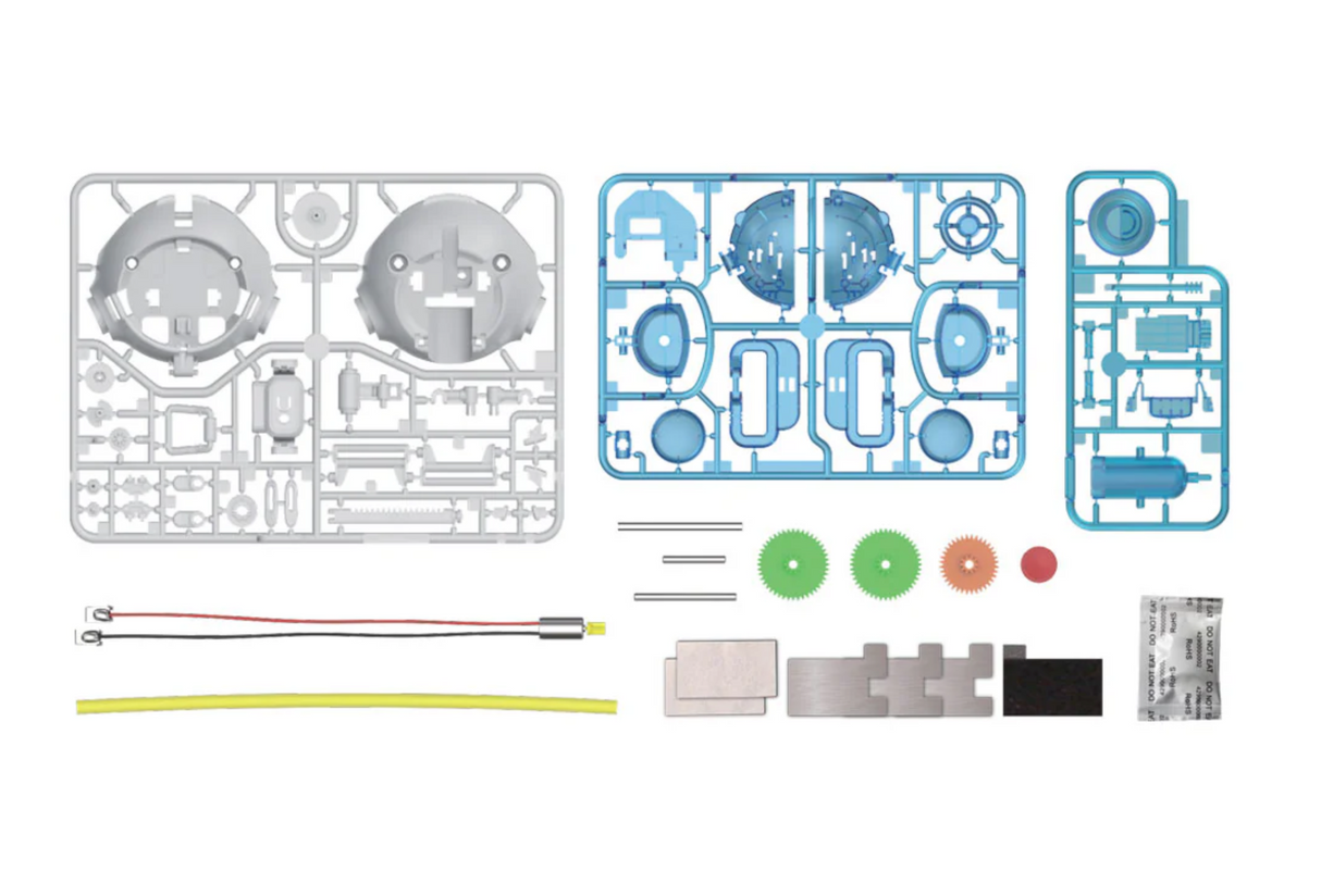 Saltwater Fuel Cell Robot kit parts laid out for assembly, featuring plastic frames, gears, tubes, and electronic components.