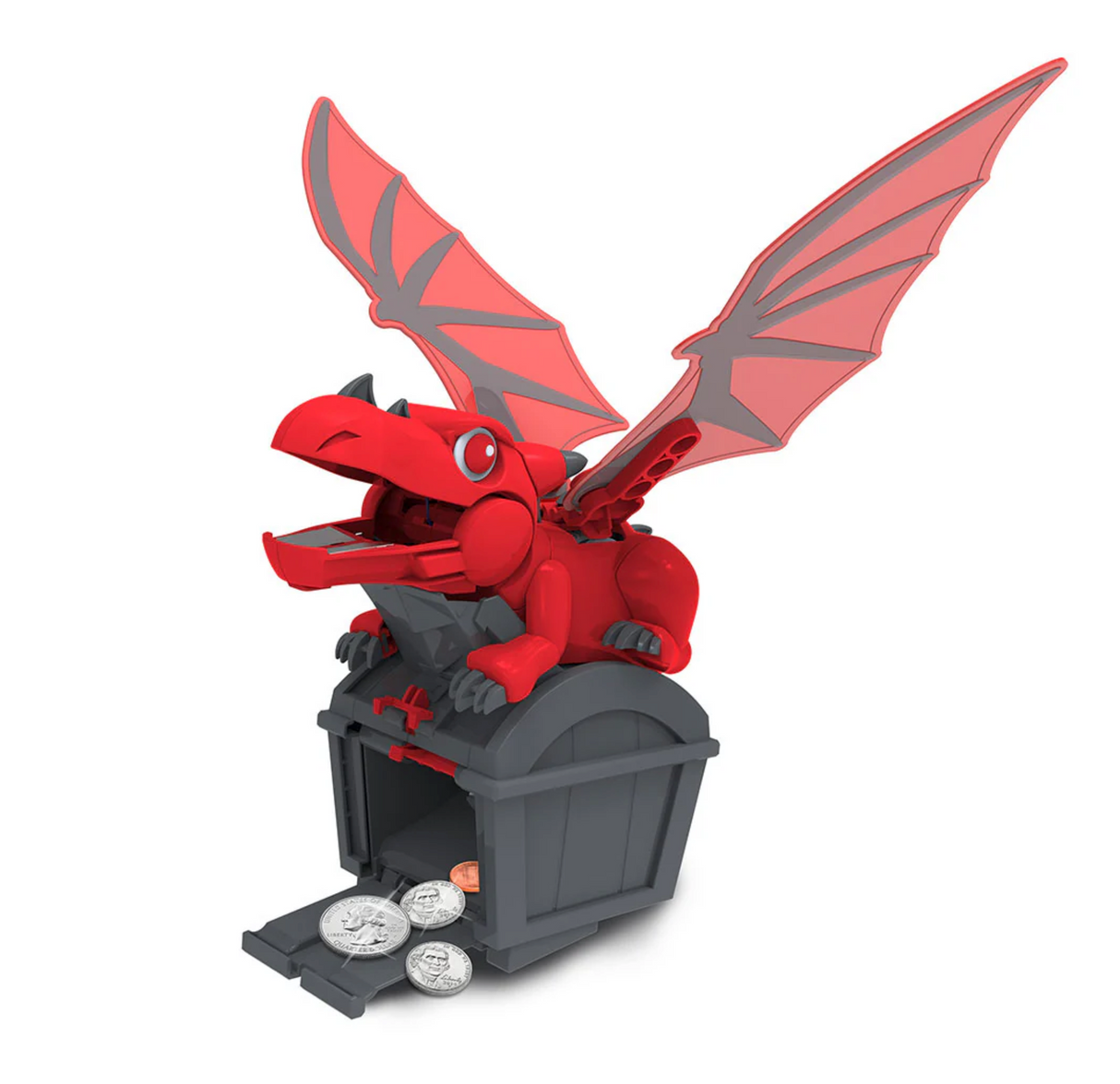 Robotic Dragon Bank Kit showing a red mechanical dragon on a treasure chest coin bank with open mouth and flapping wings.