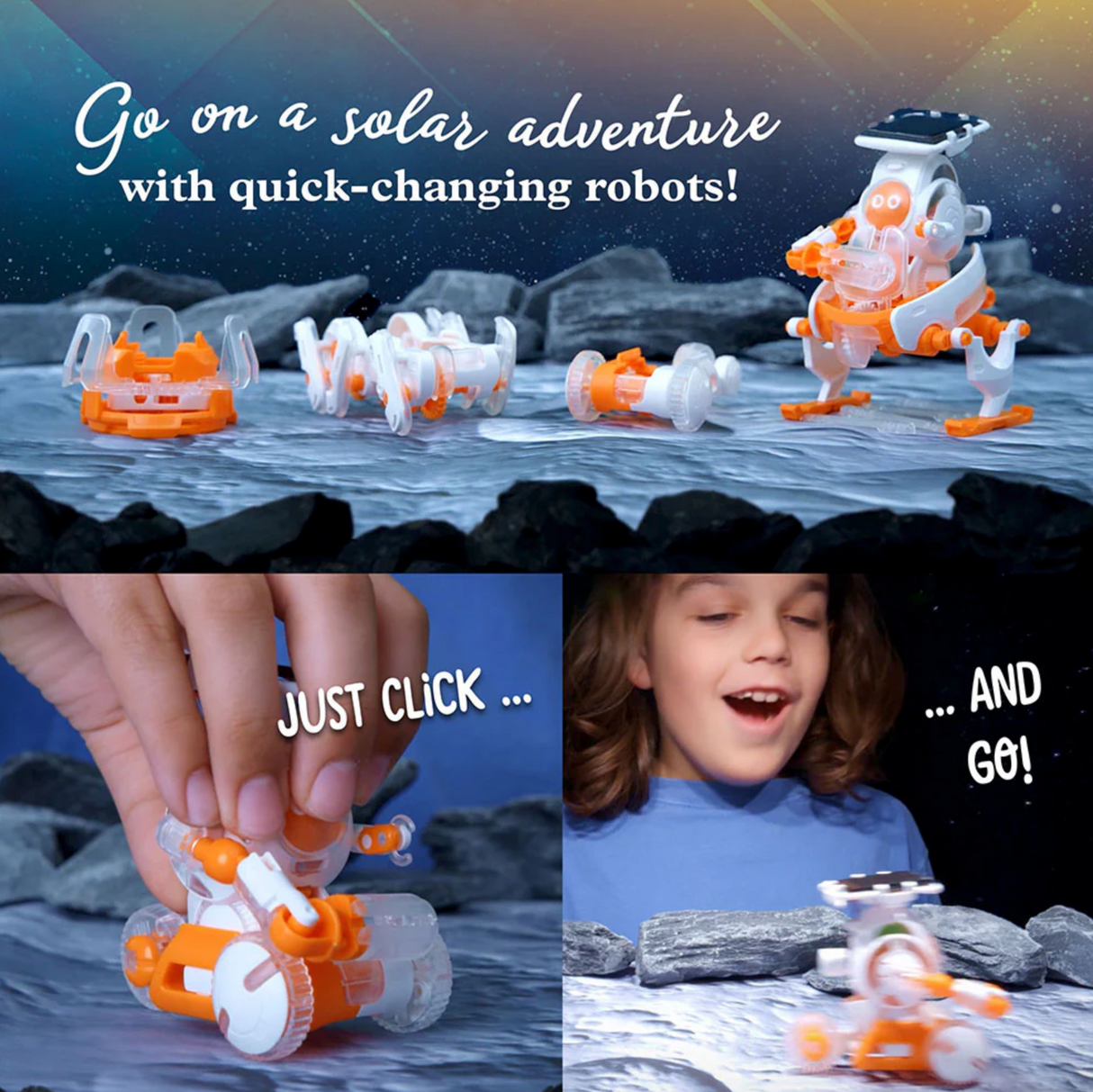 SolarBots: Cosmic Explorers shows solar-powered robot parts assembling and a child playing with the moving robot.