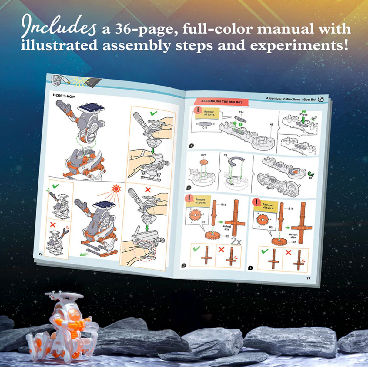 SolarBots: Cosmic Explorers assembly manual showing step-by-step instructions for building solar-powered robots.