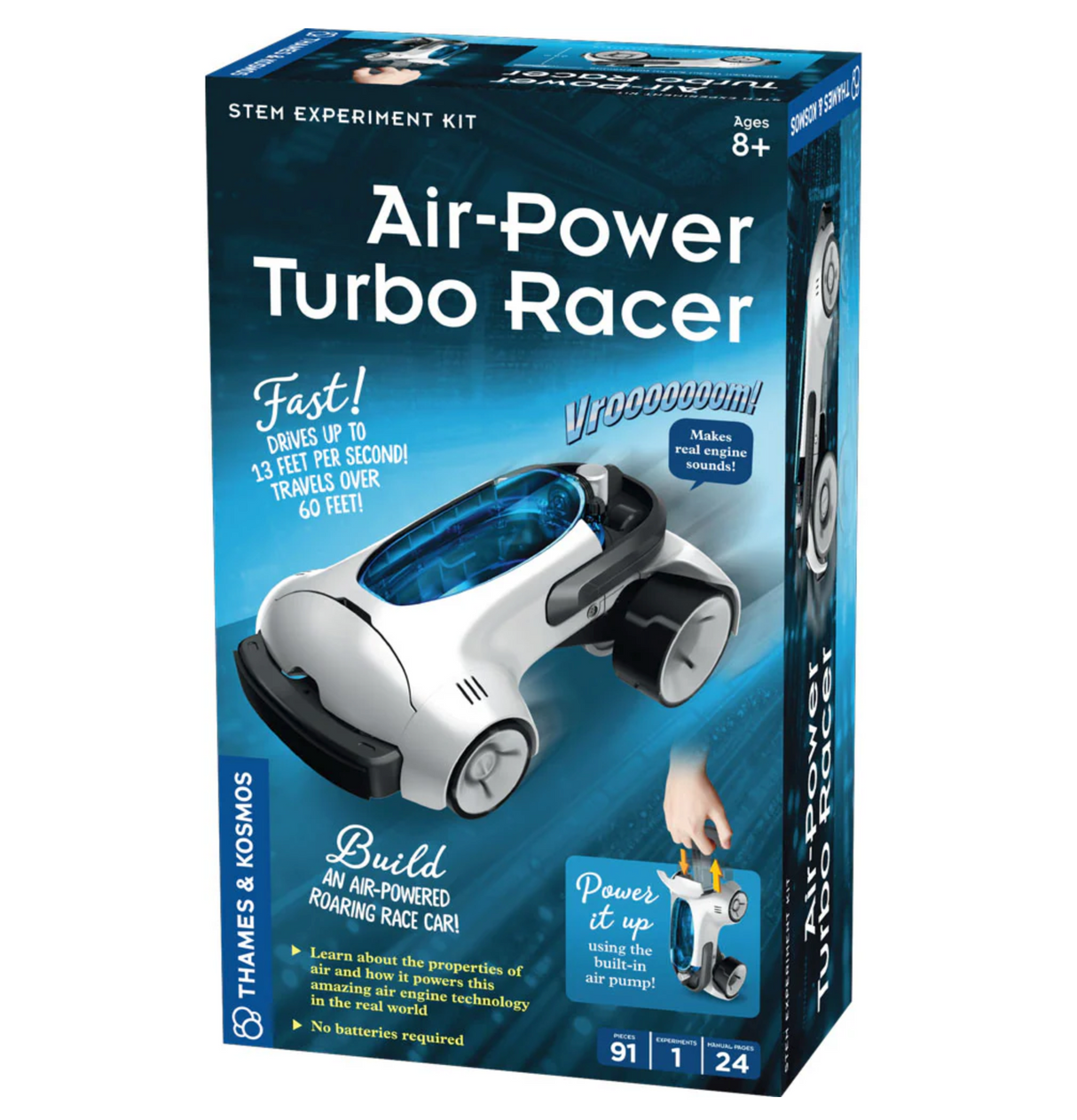 Air-Power Turbo Racer STEM kit box featuring a white air-powered race car and built-in pump for ages 8 and up.