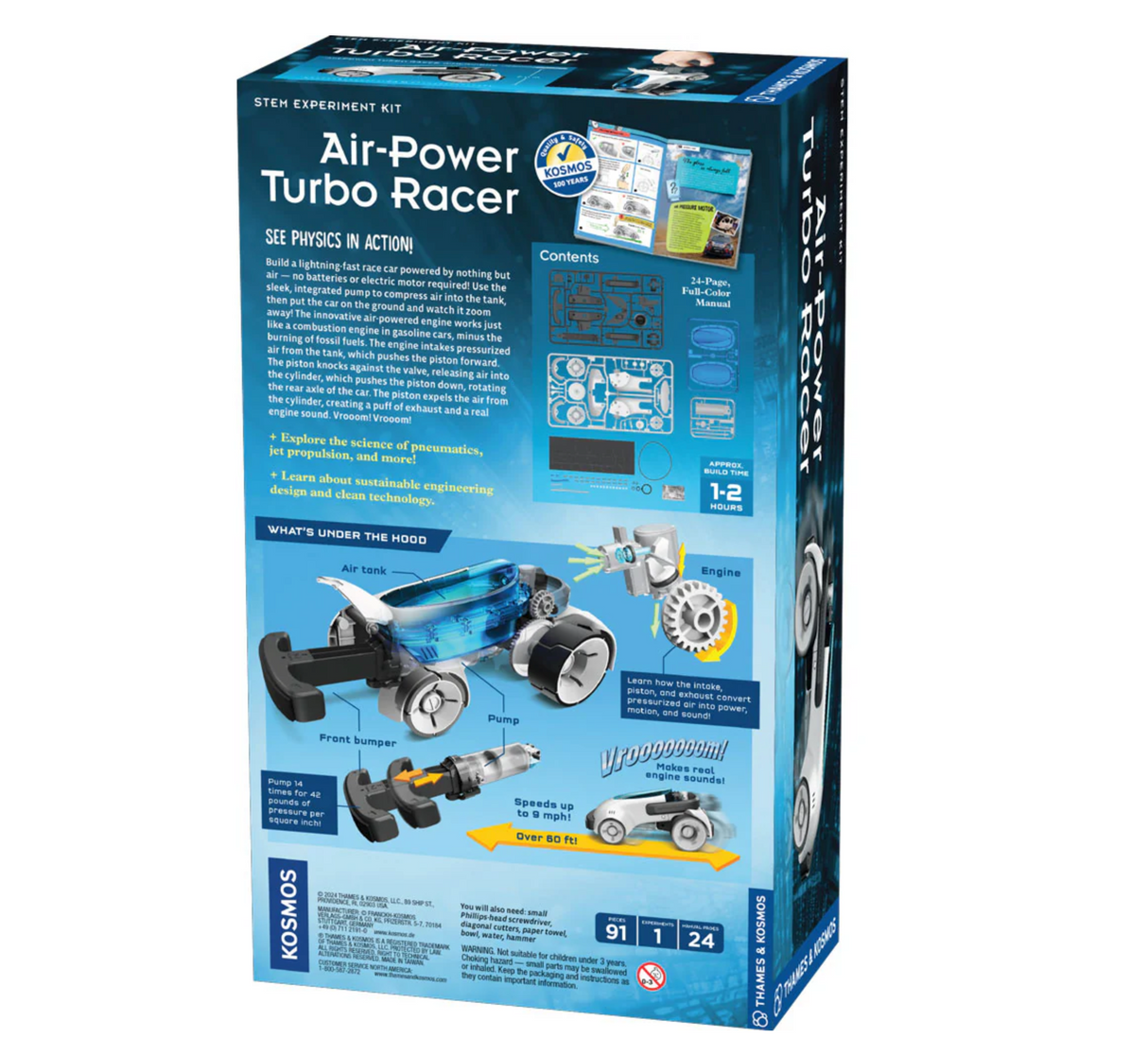 Air-Power Turbo Racer STEM kit box showing air-powered race car parts and educational manual for ages 8 and up.