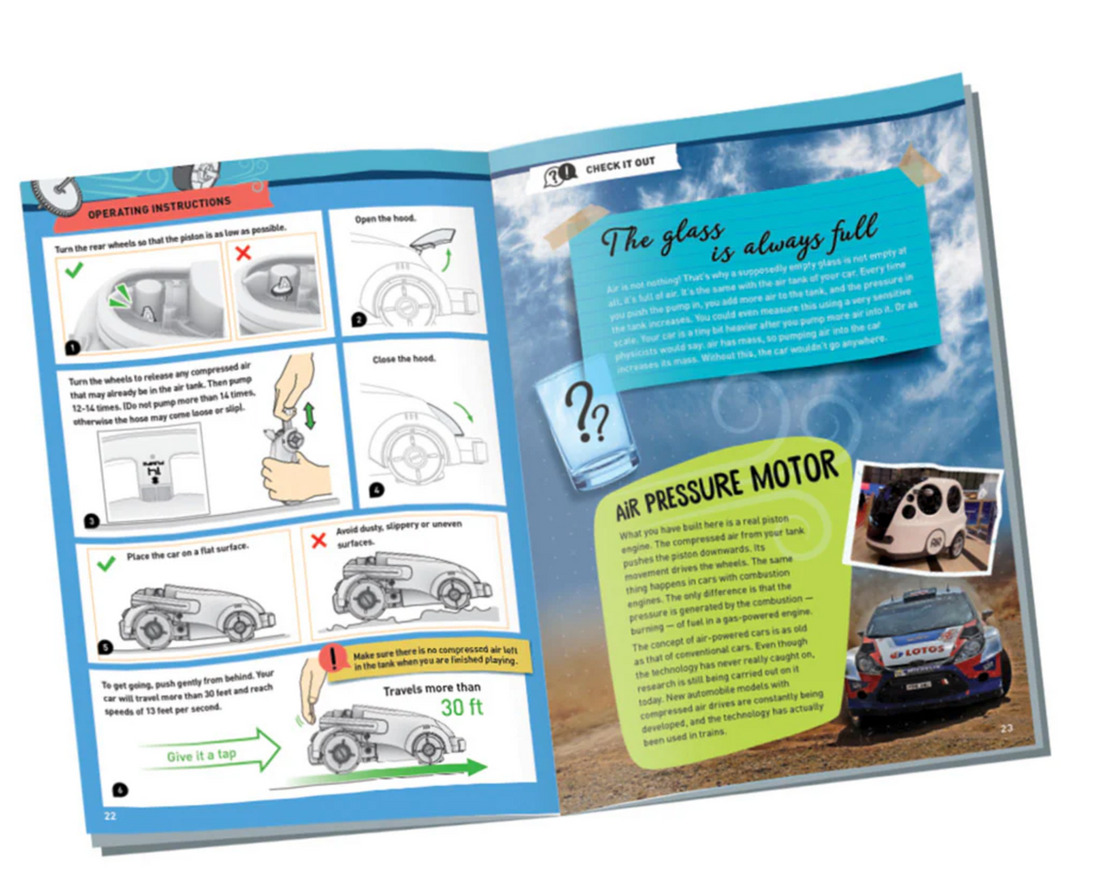Air-Power Turbo Racer instruction manual showing air pressure motor operation and race car assembly details.