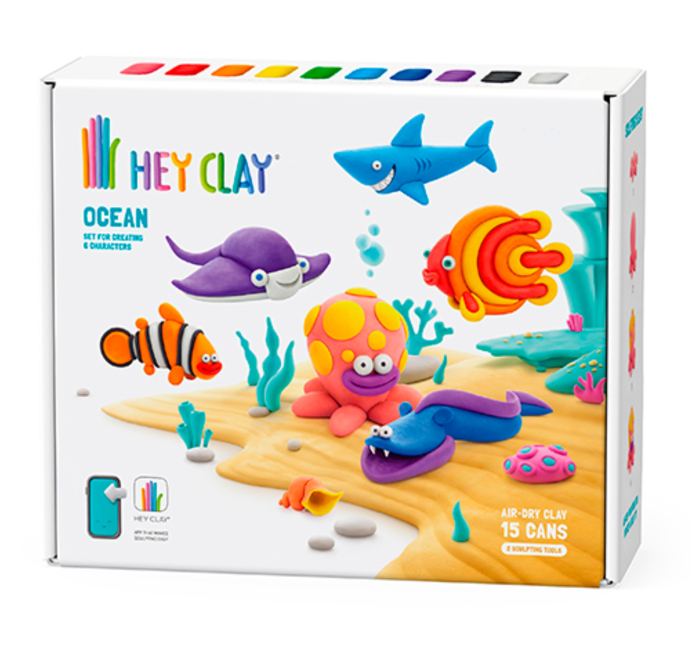 Hey Clay Ocean Creatures clay set with 15 cans and sculpting tools for crafting six colorful ocean animals.