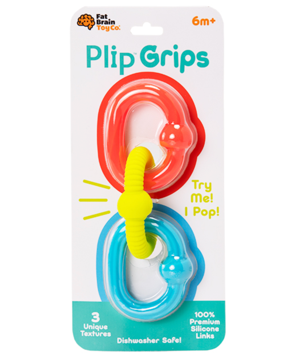 Plip Grips silicone sensory links in red, yellow, and blue with unique textures for baby’s tactile play.