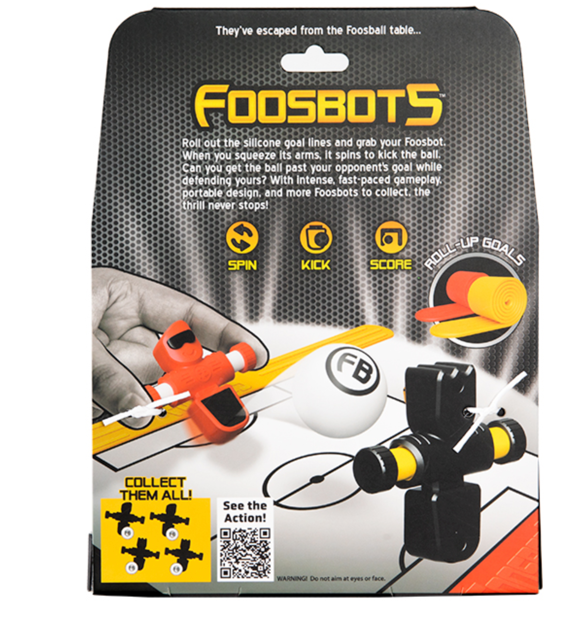 Foosbots 2 Pack with two colorful spinning Foosbots, silicone goal lines, and ball for fast-paced gameplay and scoring fun.