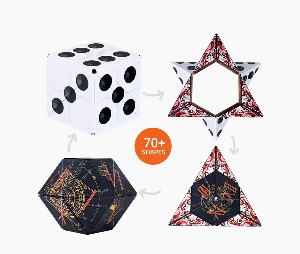 Shashibo | Dice Collection Renaissances showing transformation from dice cube to star and geometric shapes with 70+ forms.