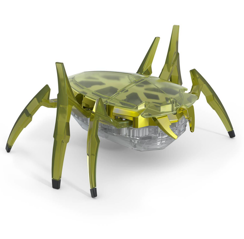 Hex Bots Scarab robotic beetle with six angled legs in translucent green, designed for fast, agile movement and flips.