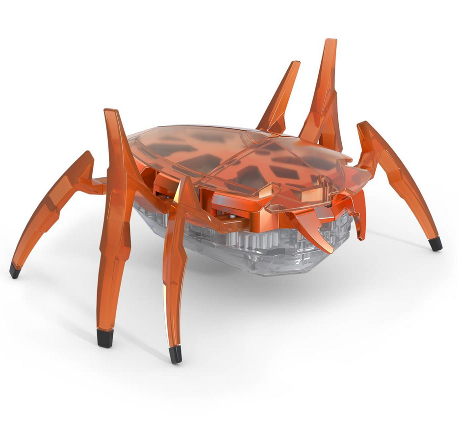 Hex Bots Scarab mechanical beetle robot toy with six angled legs in translucent orange, designed for high-speed movement.