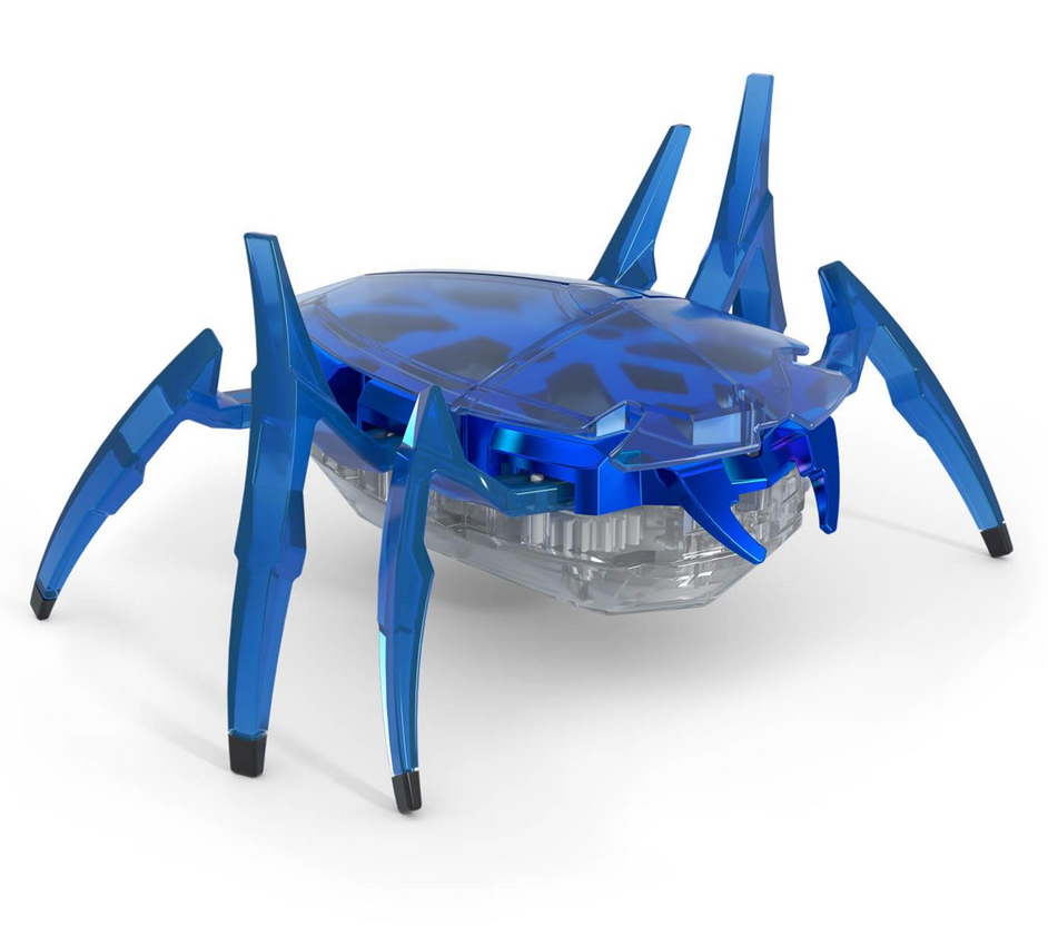 Hex Bots Scarab mechanical beetle robot with six blue angled legs and transparent body for high-speed fun.
