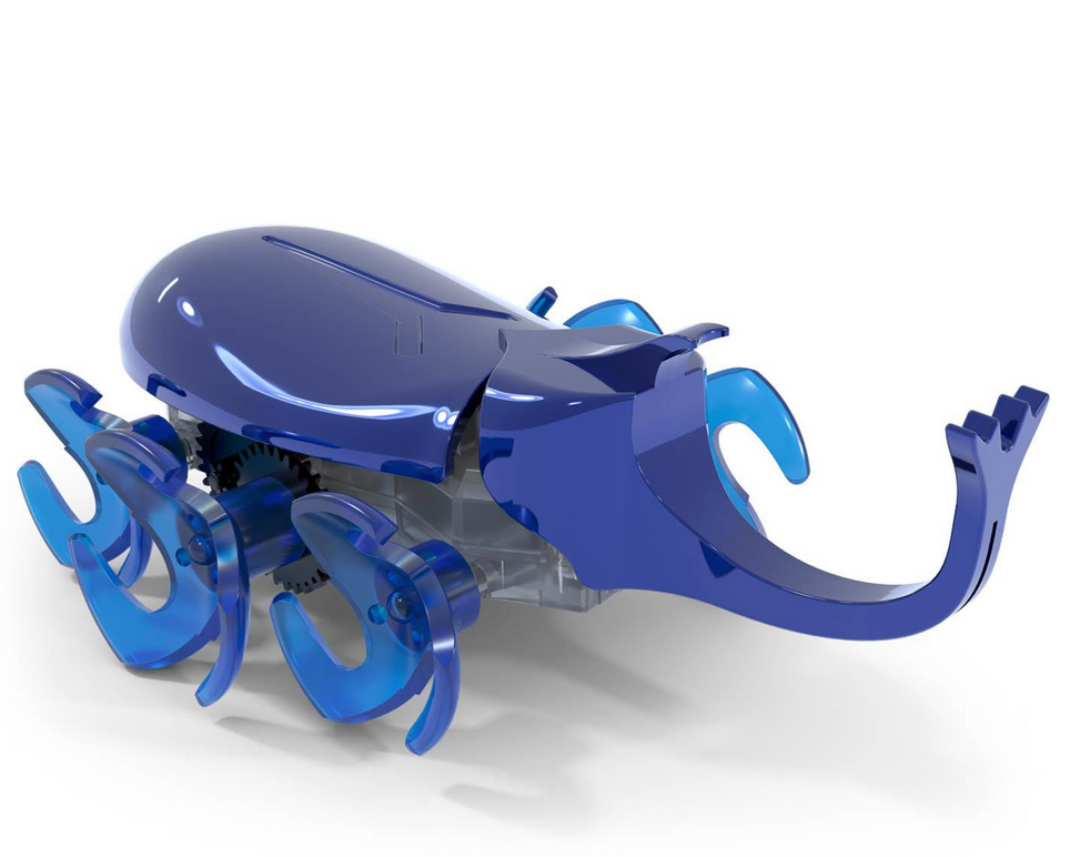 Hex Bots Rhino Beetle robotic toy in blue with six wheels and curved horn, designed to move and avoid obstacles.