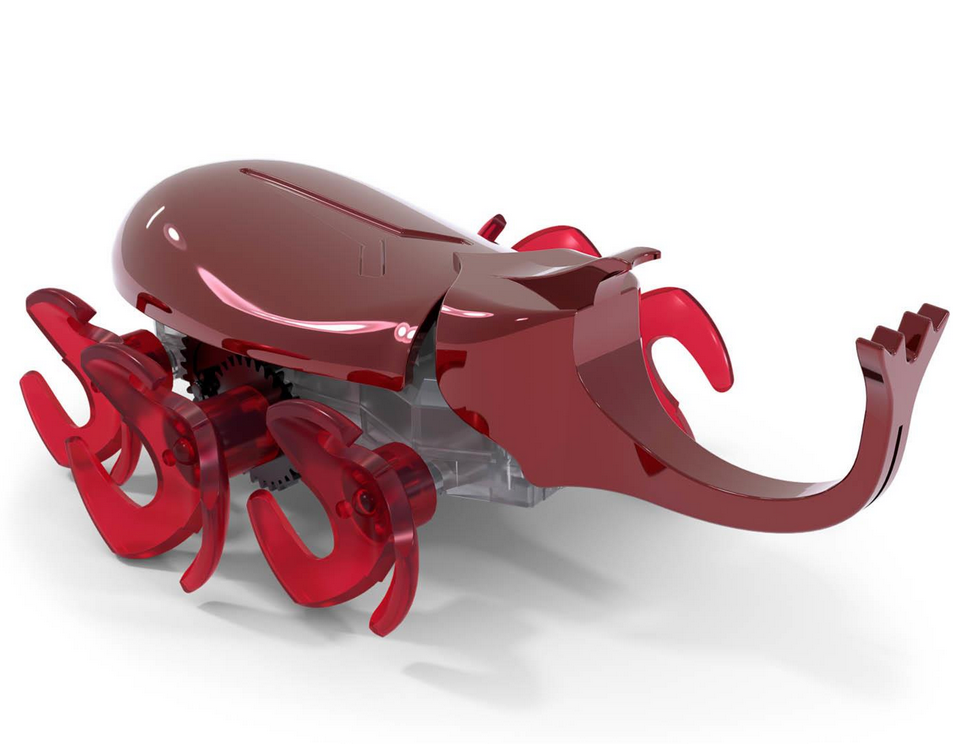 Hex Bots Rhino Beetle robotic toy with curved body and long horn, rolling on six wheels designed for obstacle navigation.