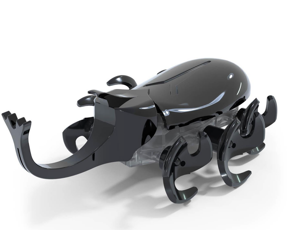 Hex Bots Rhino Beetle robotic toy with six wheels, curved body, and long horn designed to navigate around obstacles.