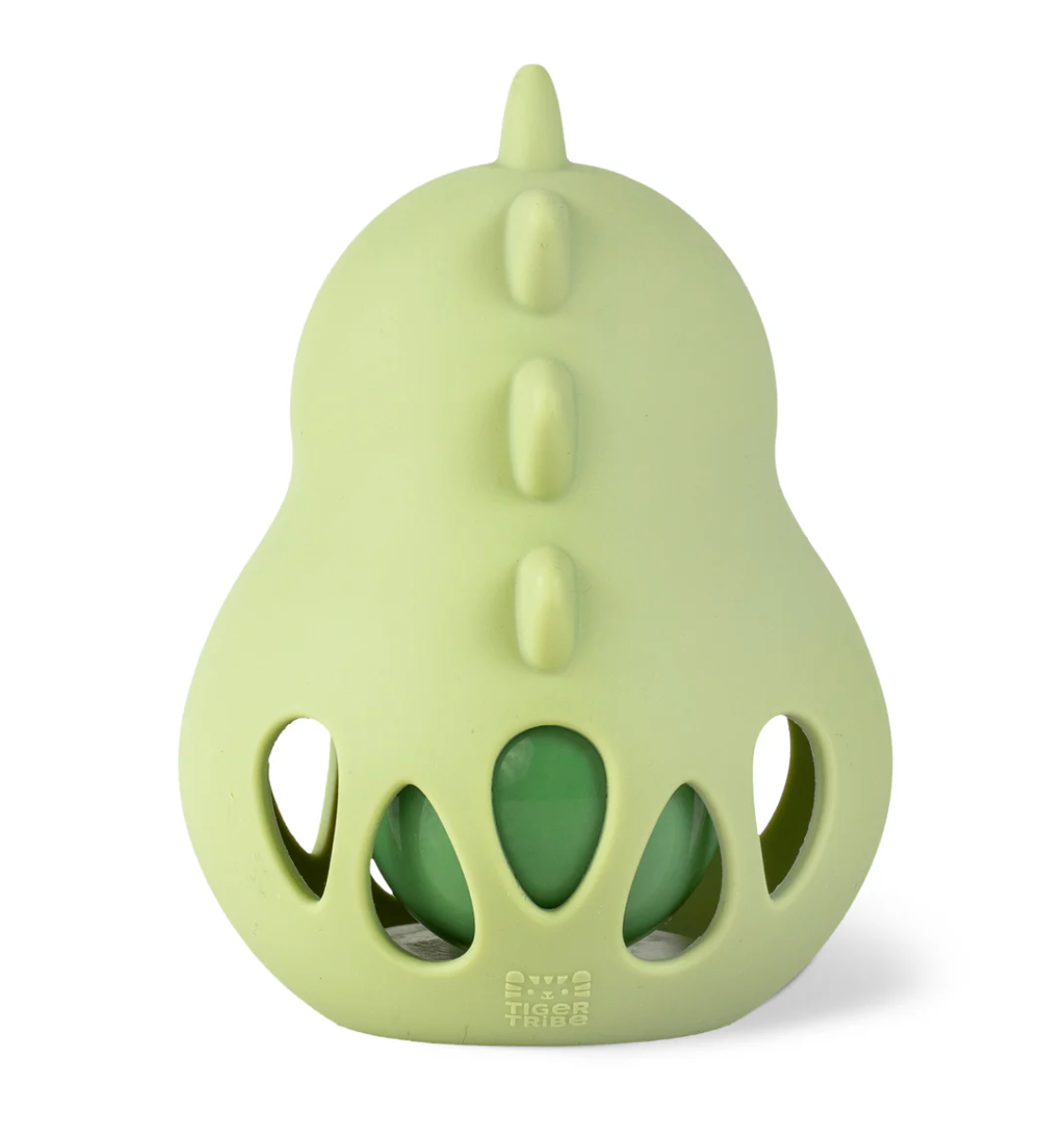 Silicone Rattle | Dino in soft green silicone with small spikes and open sections for easy baby gripping and rattling sound.