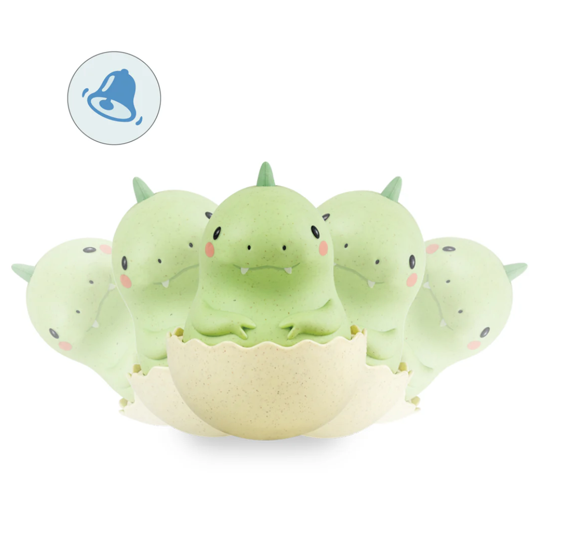 Roly Poly Dino baby toy bobbing up and down with bell sound, perfect for sensory play and cause-effect learning.