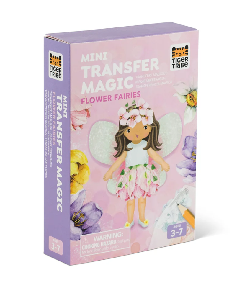 Mini Transfer Magic Flower Fairies box with fairy design, floral theme, and age 3-7 label on pink background.