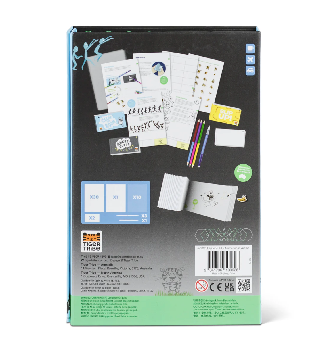 Flip Book Kit | Animation in Action showing guidebook, tracing sheets, flip books, pencils, and stickers in a storage box.