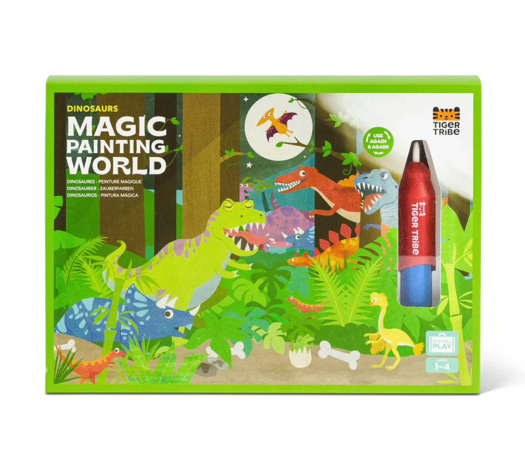 Magic Painting World | Dinosaurs mess-free painting set with refillable water brush and reusable dinosaur-themed cards for toddlers.