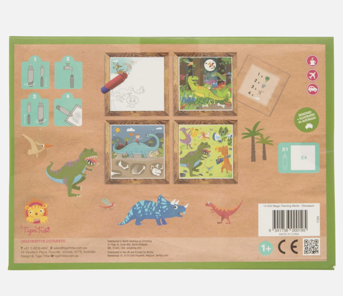 Magic Painting World | Dinosaurs mess-free painting kit with reusable dino scenes and refillable water-brush for toddlers 1-4 years.